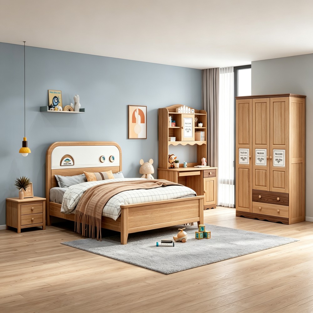 Solid wood bed for home use—suitable for children—featuring a solid wood s...