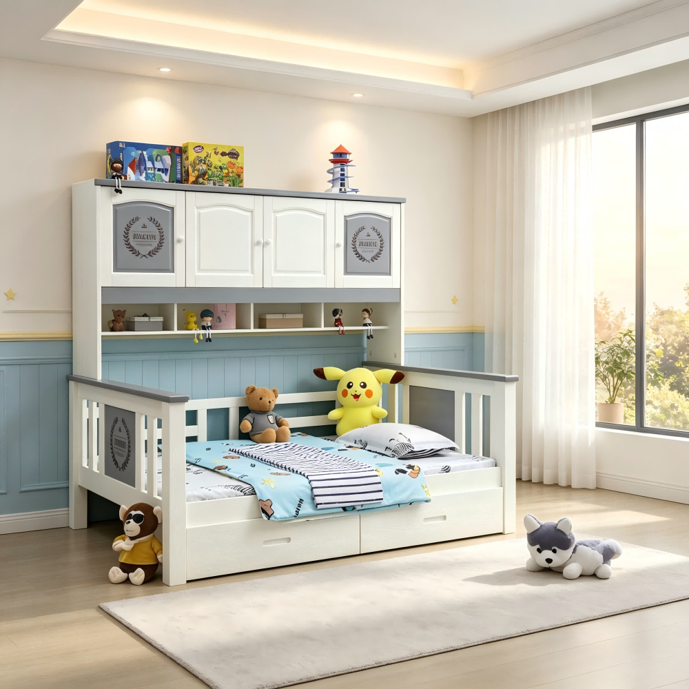 Integrated children’s bed and bookcase; bunk bed suitable for small spac...