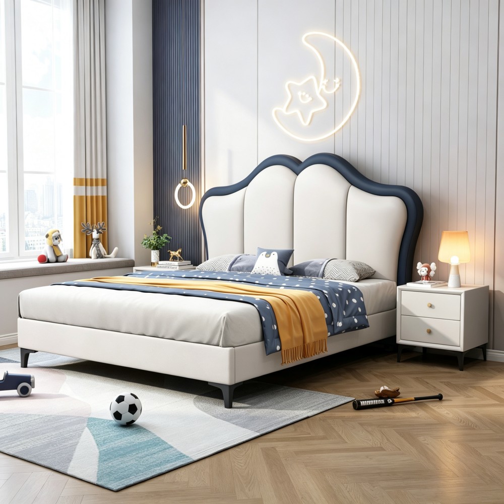 New French Cream-Style Genuine Leather Bed – Vintage-Inspired 1.8m Double Be...