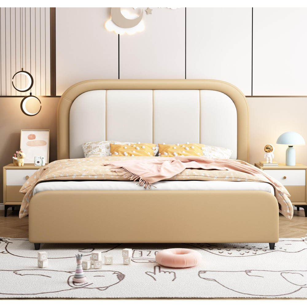 Modern minimalist leather bed for children and teens—playful style, suitable...