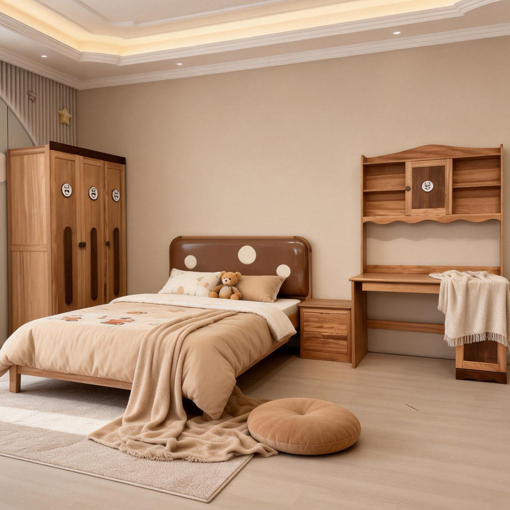 Vintage-style single bed with upholstered headboard for children’s bedro...