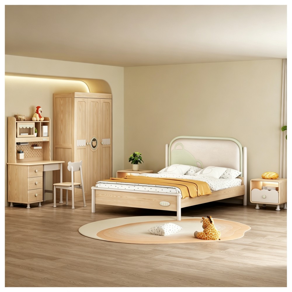 Natural wood style bed for children and teenage boys; solid wood bed suitable ...