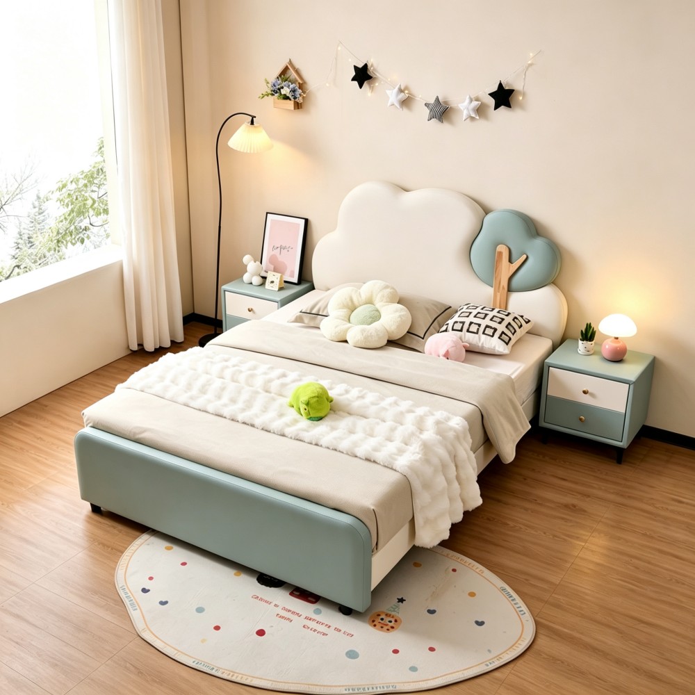 Cartoon Green Cloud Children’s Bed – Modern Minimalist Single Bed (Sui...