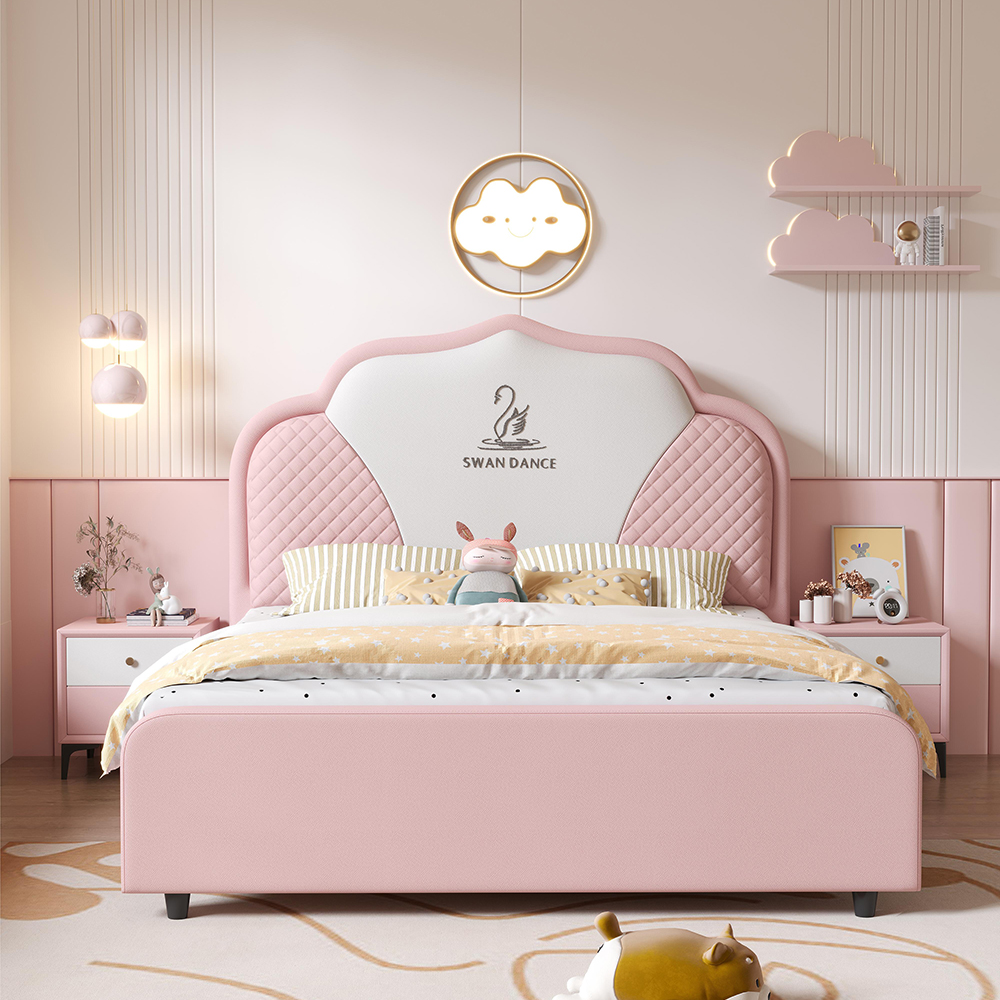 Modern Cartoon-Style Leather Double Bed with Padded Headboard and Storage – Suitable for Boys’ or Girls’ Pri...