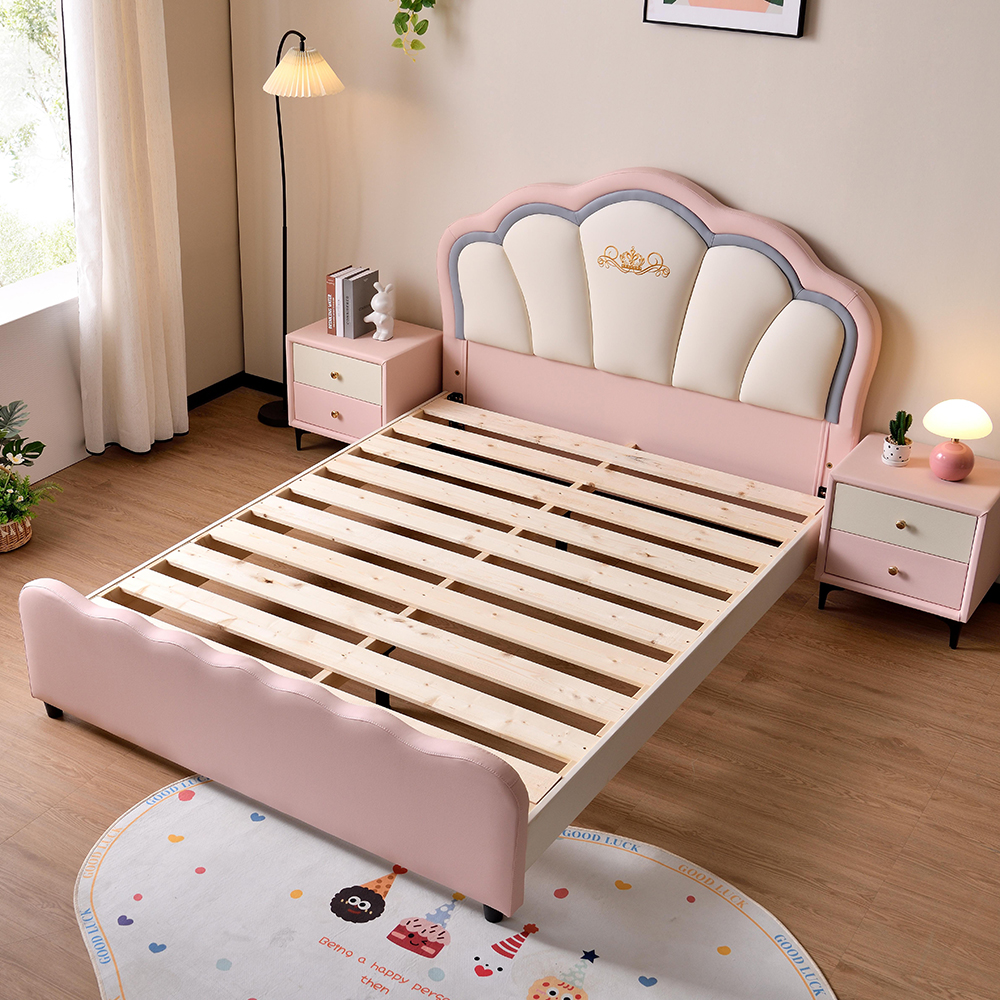 Petal-style upholstered bed for girls—princess-themed single bed with storag...