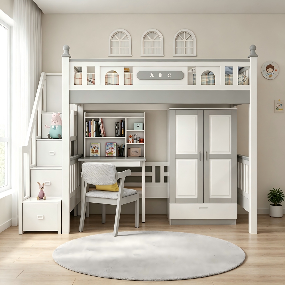 Loft bed with desk and double-door wardrobe - Bunk bed - ...