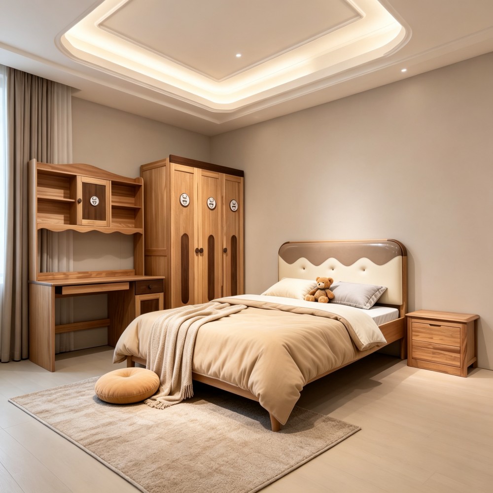 Solid wood children’s bed (1.2m) with upholstered headboard—suitable f...