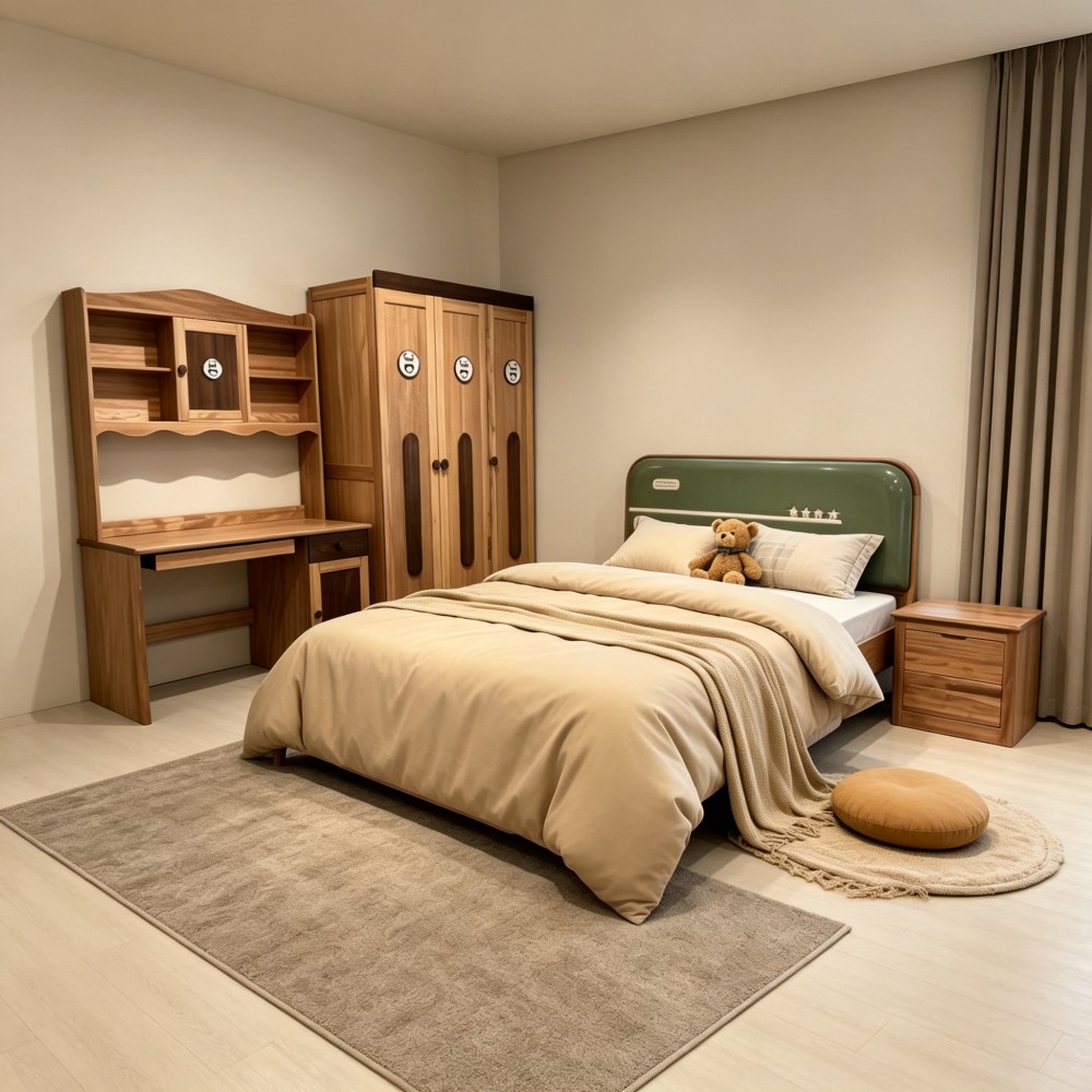 Solid wood single bed for boys’ and girls’ bedrooms (1.35m width); upholstered bed suitable for boys’ ro...
