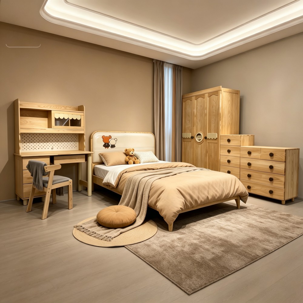 Solid wood children’s bed with upholstered headboard—simple yet luxuri...