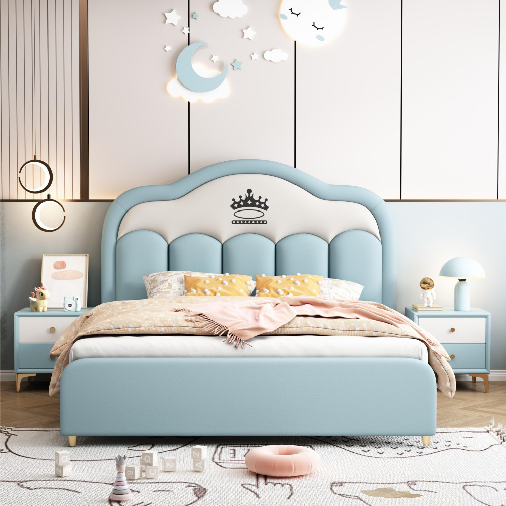 Cartoon-style upholstered bed for boys and girls—suitable for children and t...