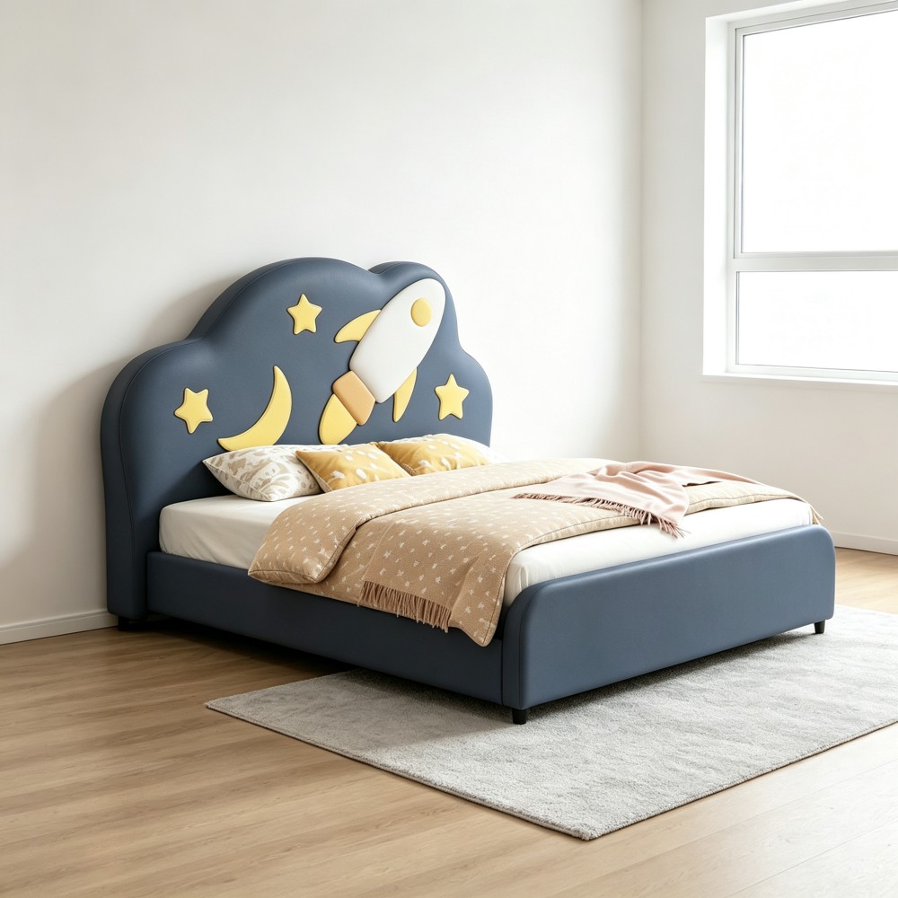 Modern Minimalist Cartoon Rocket-Themed Kids’ Bed – Upholstered Leathe...