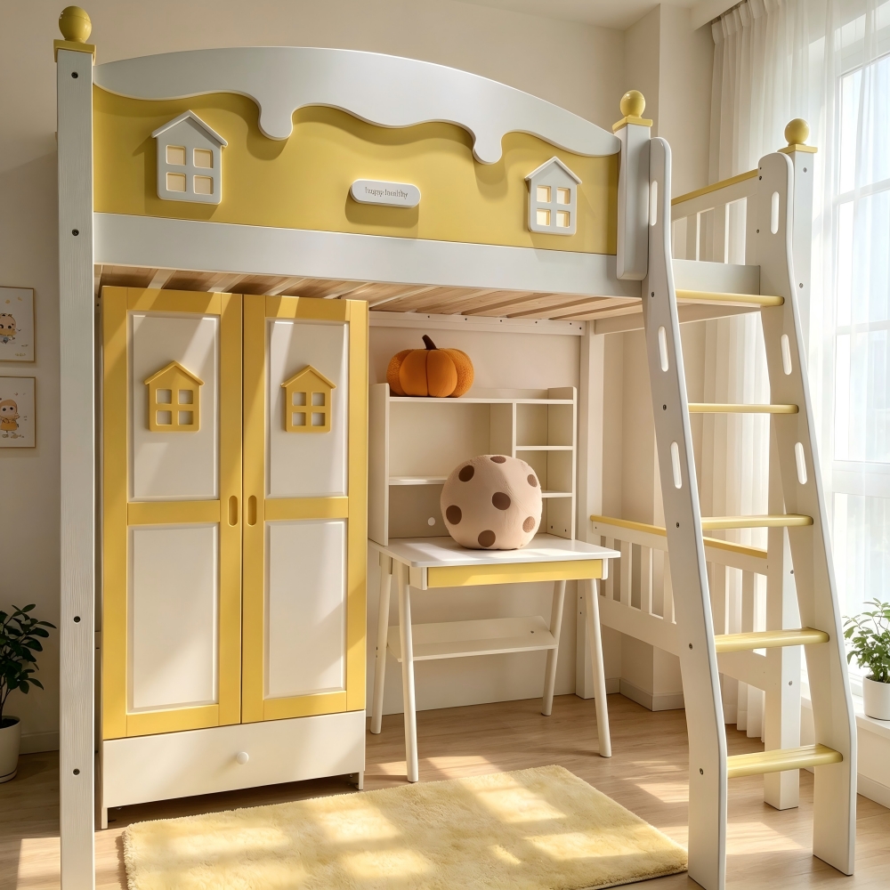 Cama de beliche de dois andares para crianças (rapazes e raparigas) com secretária e cadeira integradas...
