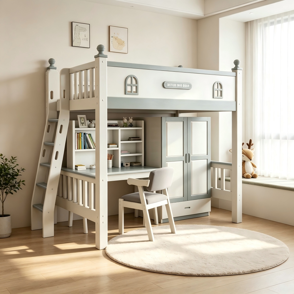 Bunk bed for boys and girls with integrated desk and storage cabinet</trp-post...