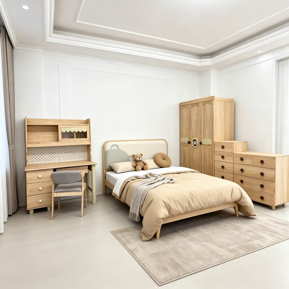 Natural wood style bed for children and teenage boys; solid wood bed suitable ...