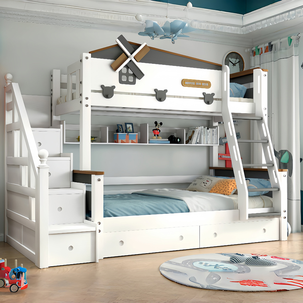 Creative children’s bed—solid wood bunk bed/trundle bed suitable for small spaces; cartoon-style design - Bunk bed...