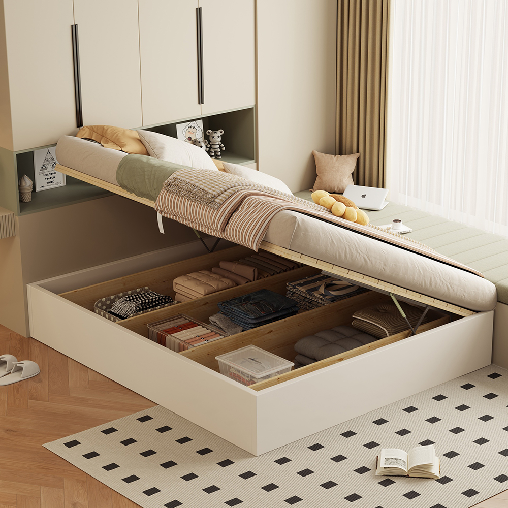 Headboard-less solid wood storage bed, floor-standing design with hydraulic li...