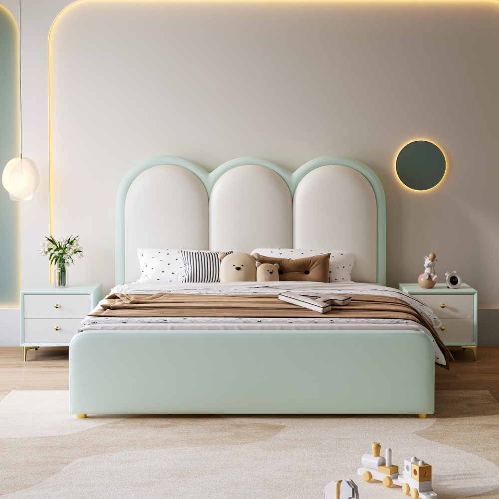Children’s Genuine Leather Bed (1.2m/1.35m) – Cream-Style Princess Bed for...