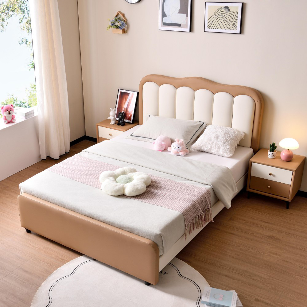 Piano-key style upholstered leather bed—minimalist design suitable for small...