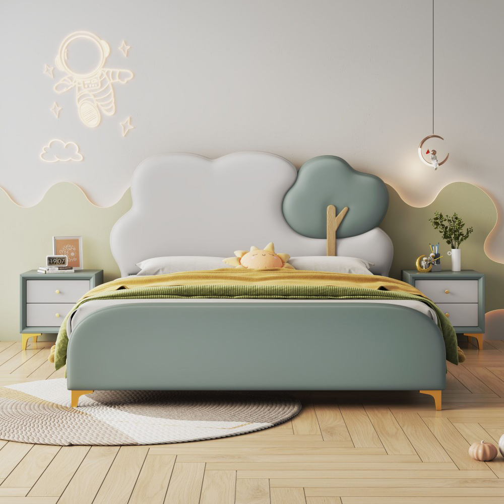 Modern, minimalist, luxury-style children’s bed featuring a cloud-inspired s...