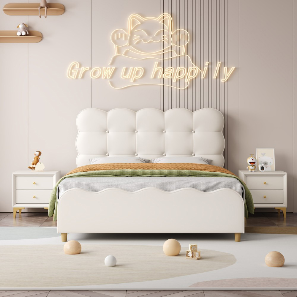 Girls’ Bed (1.5m/1.8m) – Genuine Leather Double Bed, Cream-Style Princ...
