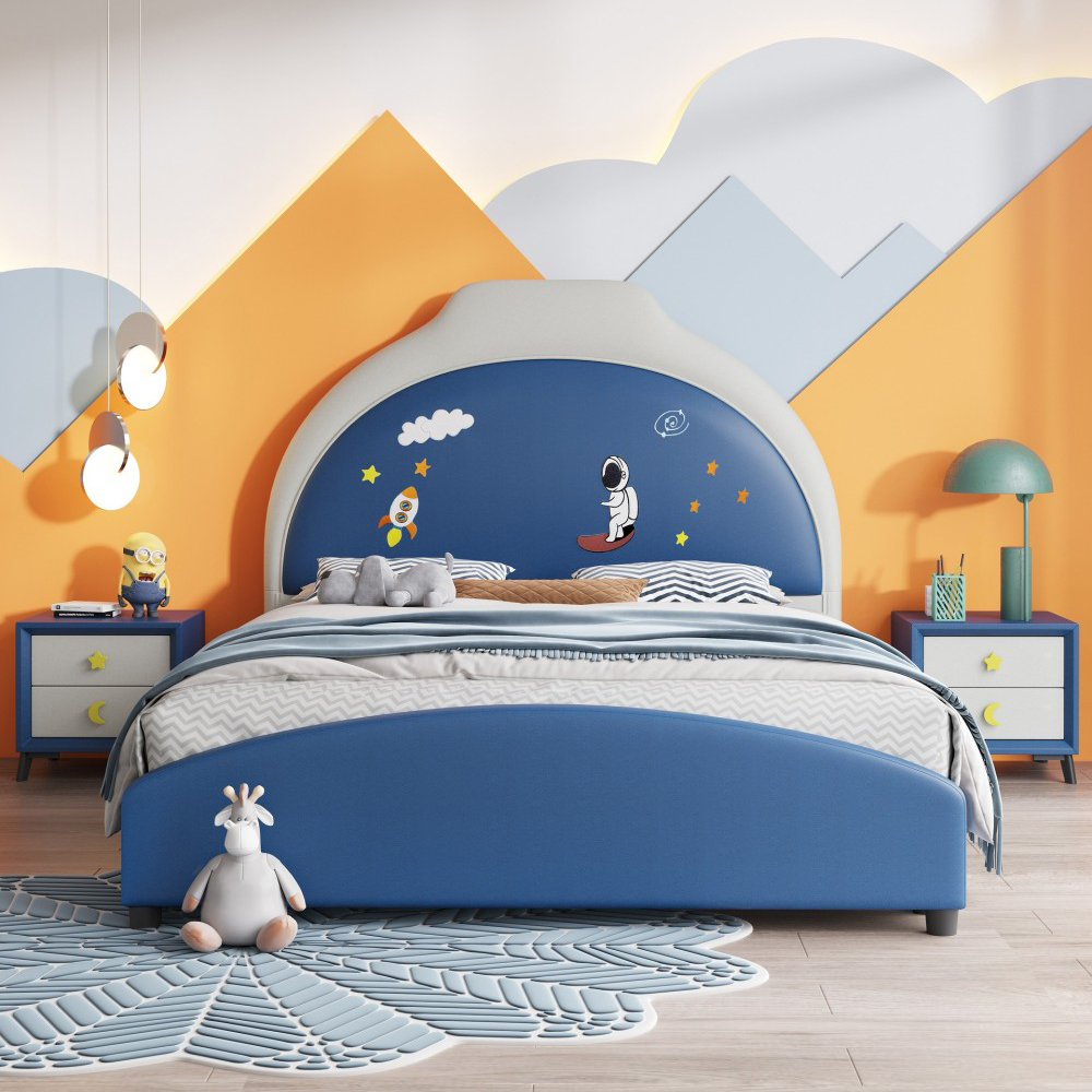 Modern Minimalist 1.2m Astronaut-Themed Upholstered Children’s Bed – New Cartoon-Style Solid Wood Storage Bed with Hig...