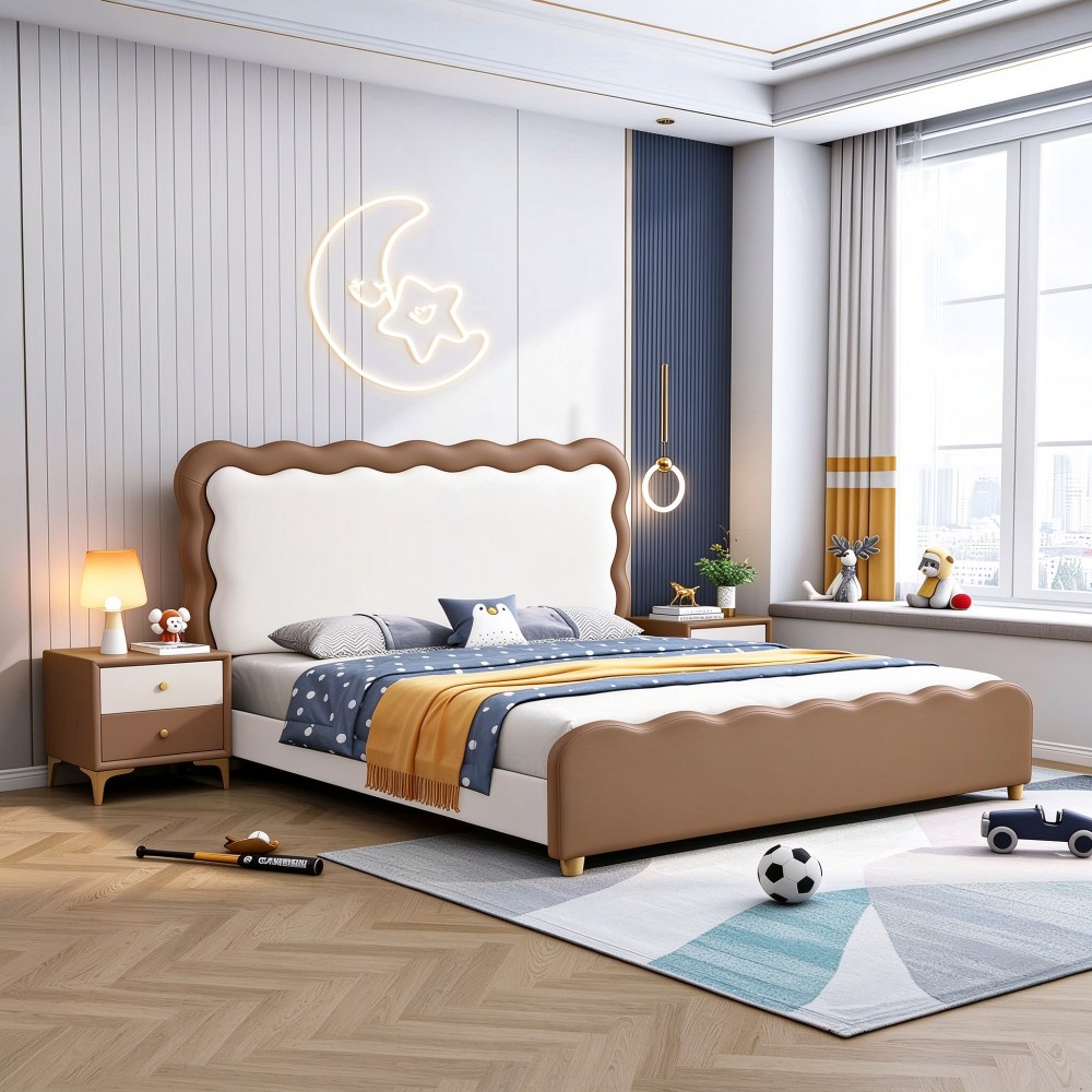 New Cream-Style Leather Double Bed for Master Bedroom – Wave/Ripple Design w...