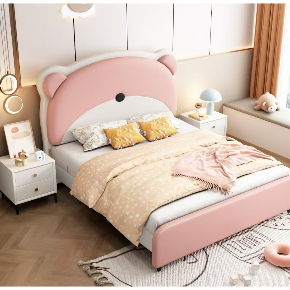 Cartoon Bear Solid Wood Bed with Mortise-and-Tenon Joinery – Suitable for Boys, Girls, and Teens; Compact Design (Availa...