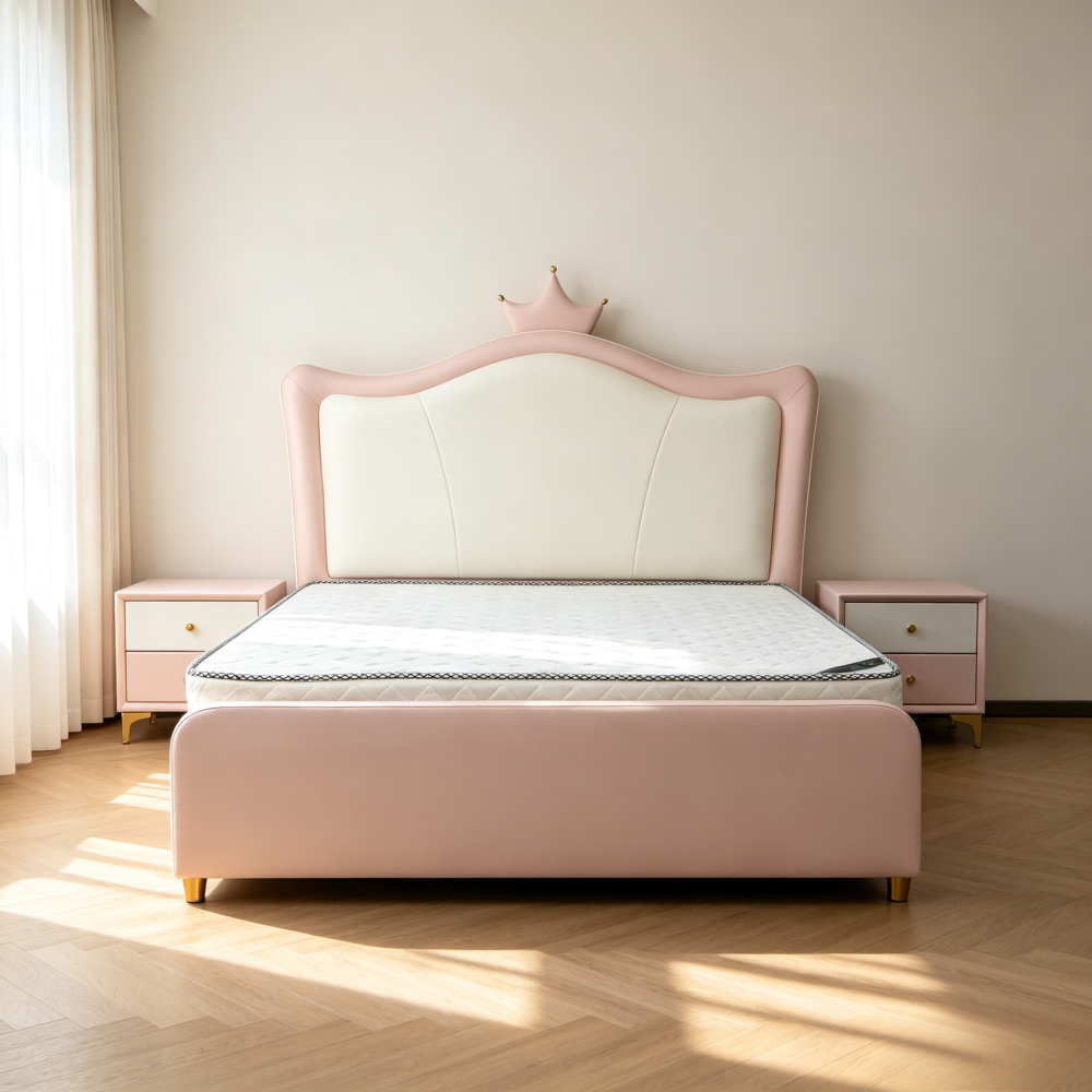Solid Wood Upholstered Princess Bed for Girls – Pink Crown Design (Single/Do...