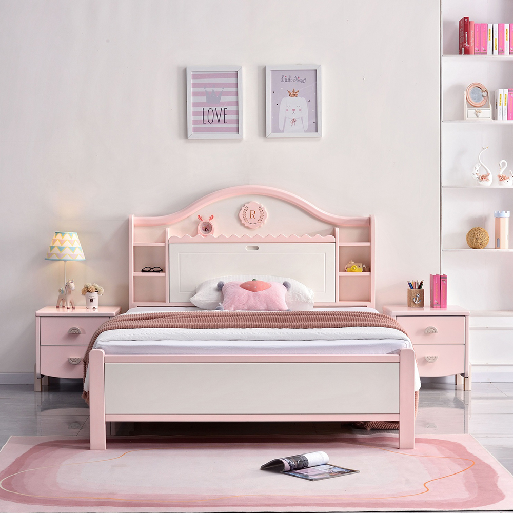 Solid wood children’s bed for girls, 1.35m pink single bed, modern minimalis...