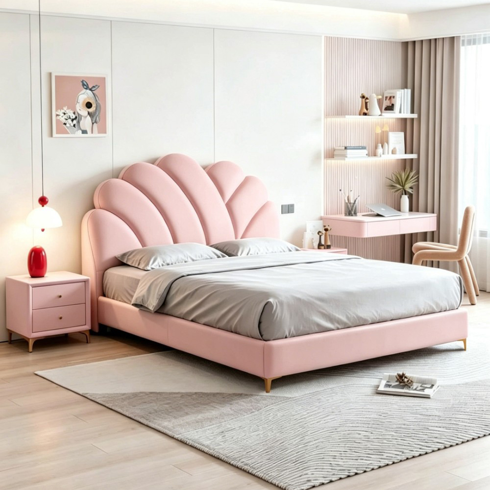 Modern minimalist upholstered double bed (solid wood frame) – available in 1...