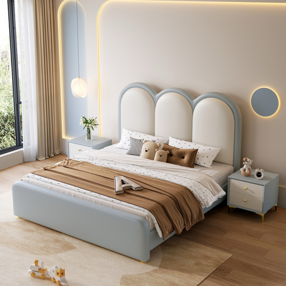 Children’s Genuine Leather Bed (1.2m/1.35m) – Cream-Style Princess Bed for...