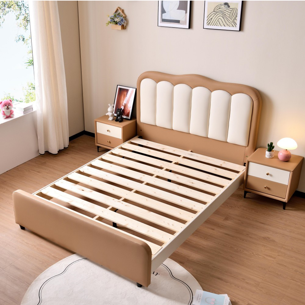 Piano-key style upholstered leather bed—minimalist design suitable for small...