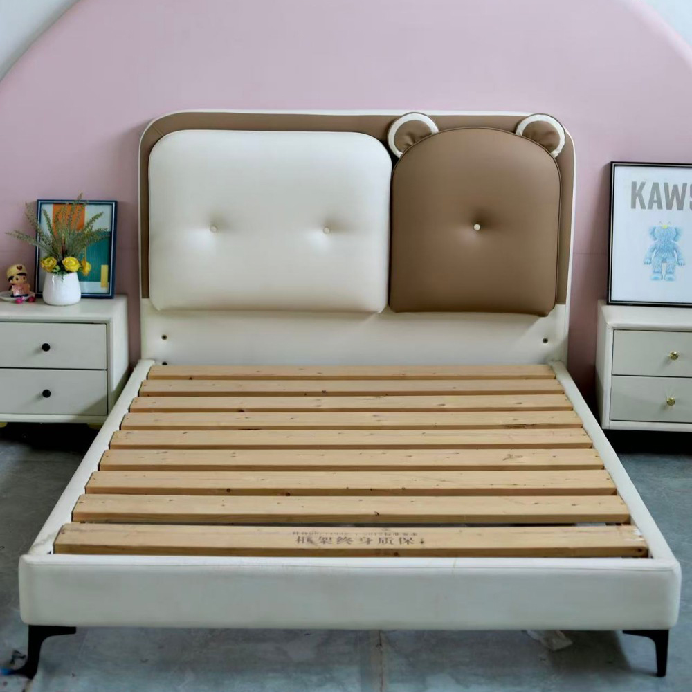 Modern Minimalist Single Bed for Boys – Cartoon Bear-Themed, Cream-Style Uph...