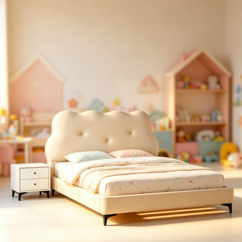 New French-style cream-colored princess-inspired upholstered bed—a sophistic...