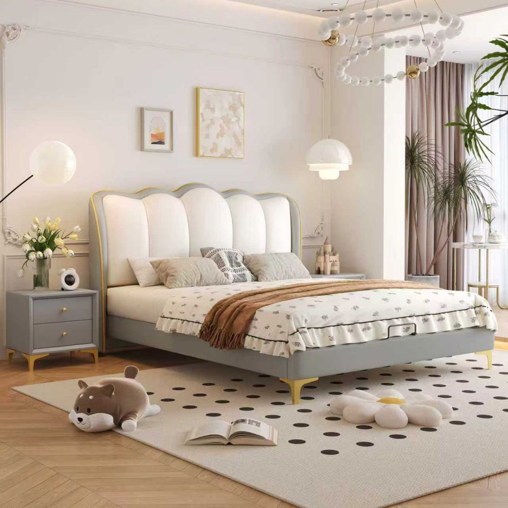 Cream-Style French-Inspired Petal-Shaped Upholstered Bed – Solid Wood Bed fo...