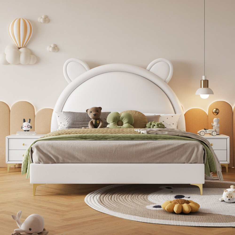Cream-style children’s bed, featuring cartoon designs—perfect as a sin...