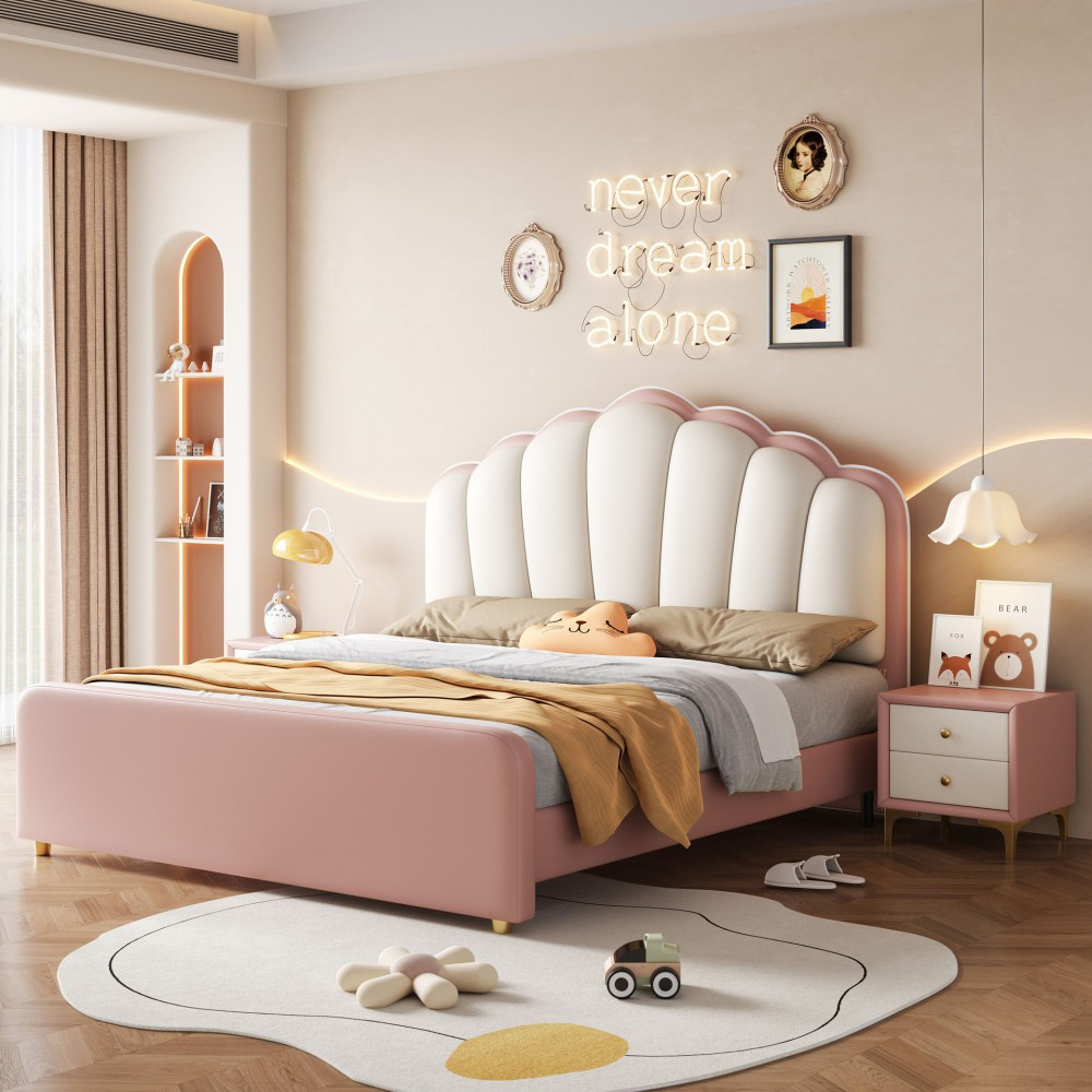 Cream-Style Shell-Design Genuine Leather Bed – Modern Minimalist Upholstered...