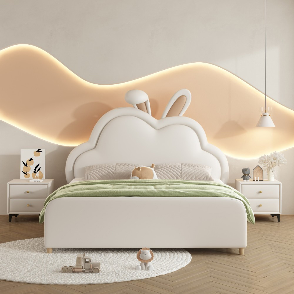 Cartoon Rabbit & Cloud-Themed Princess Bed for Kids – 1.5m Cream-Style U...