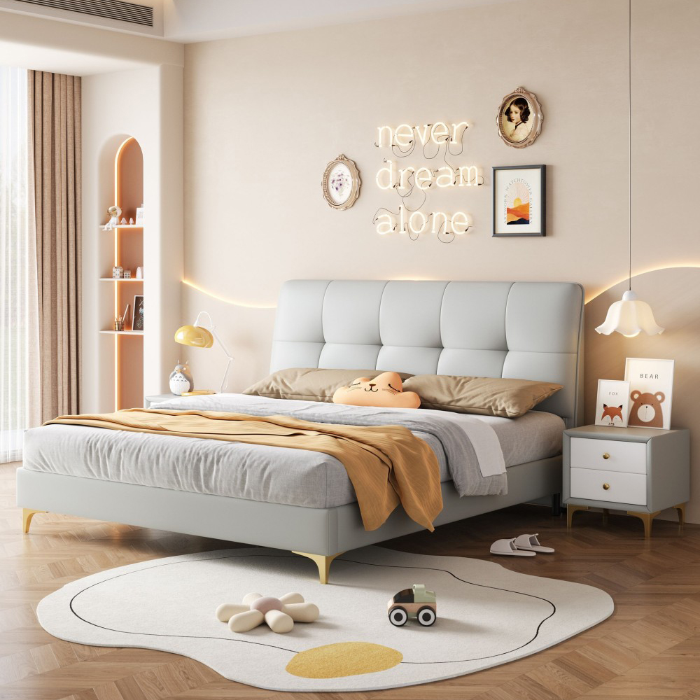 1.5m Cream-Style Upholstered Bed for Kids (Boys/Girls) – Modern Minimalist Solid Wood Storage Bed for Primary or Seconda...