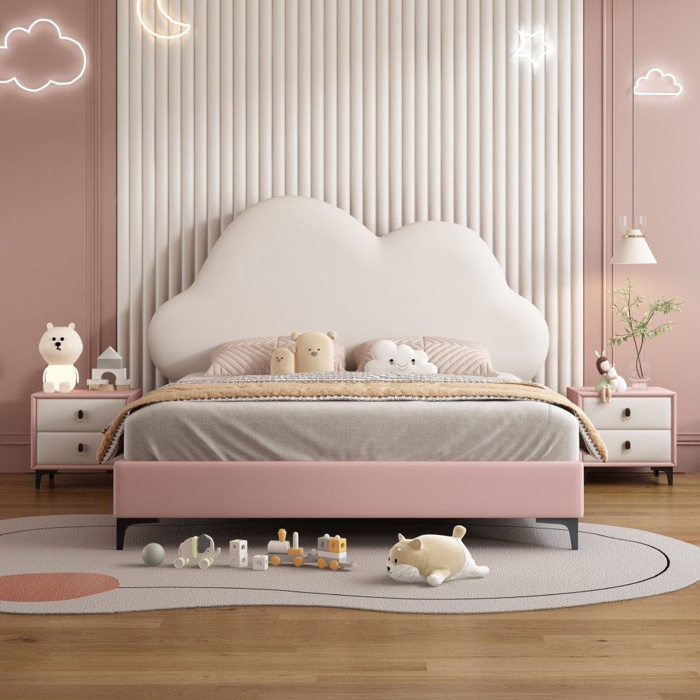 Cute Cloud-Themed Princess Bed for Girls – Modern Minimalist Solid Wood Sing...