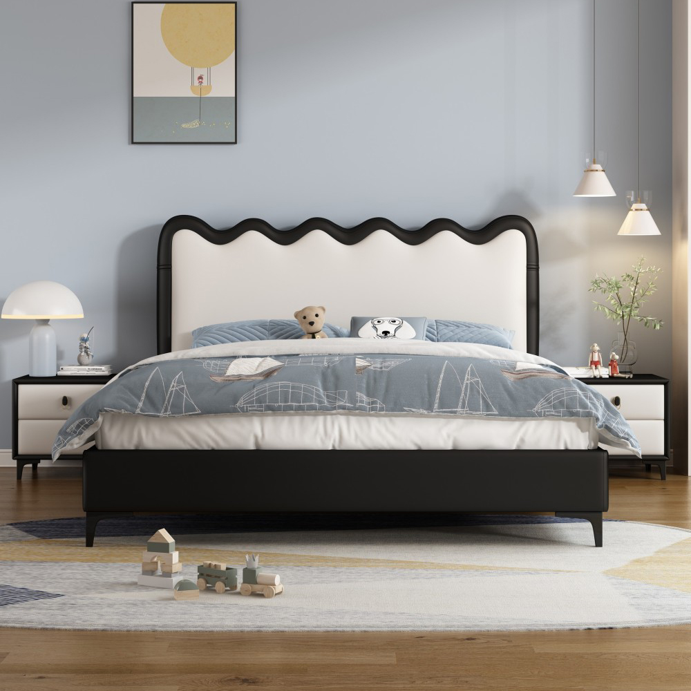 Cream-Style Children’s Bed with Wavy Design – Genuine Leather, Hydraulic S...