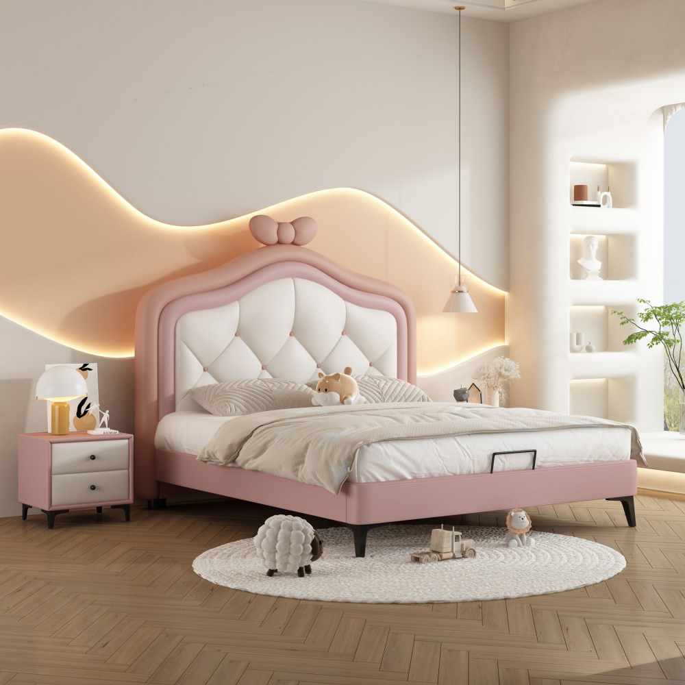 Pink Princess-Style Bed for Girls with Bow Accents – Modern Minimalist Upholstered Solid Wood Bed with Storage for Child...