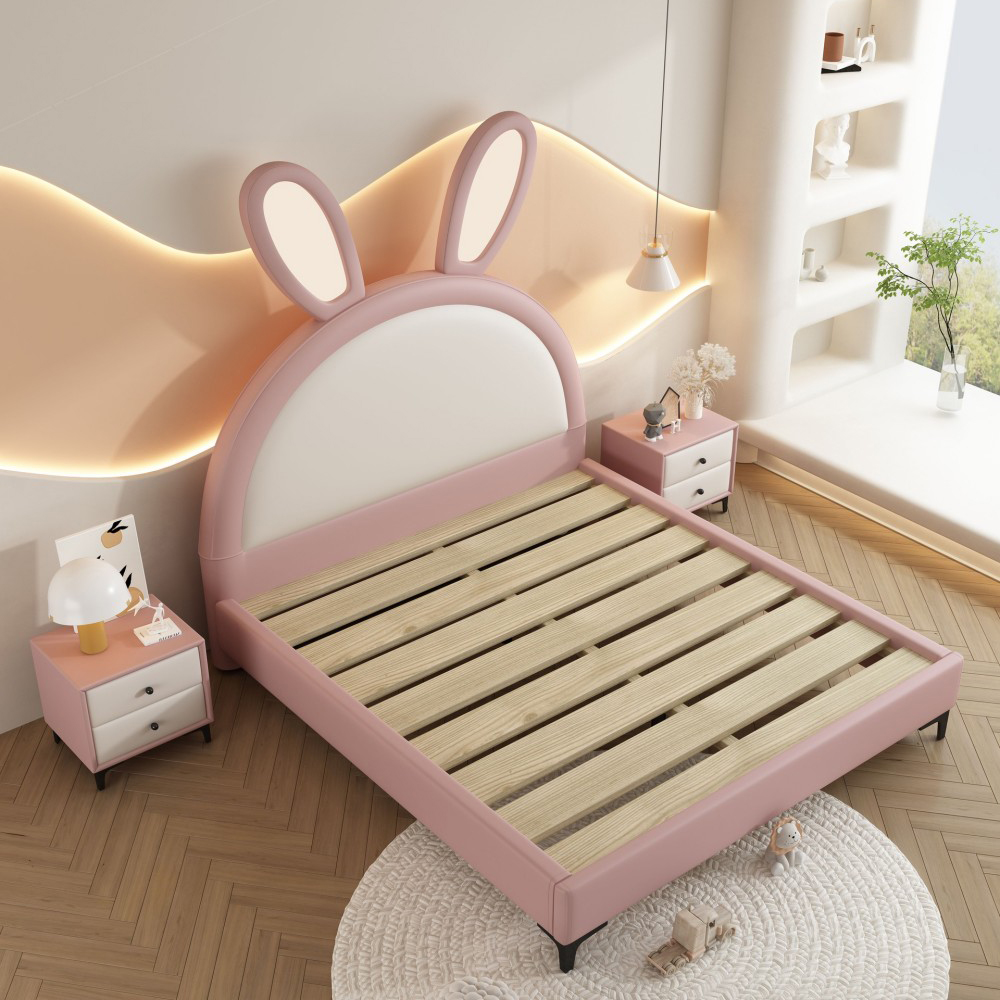 Modern Minimalist Pink Rabbit-Themed Upholstered Single Bed for Girls’ B...