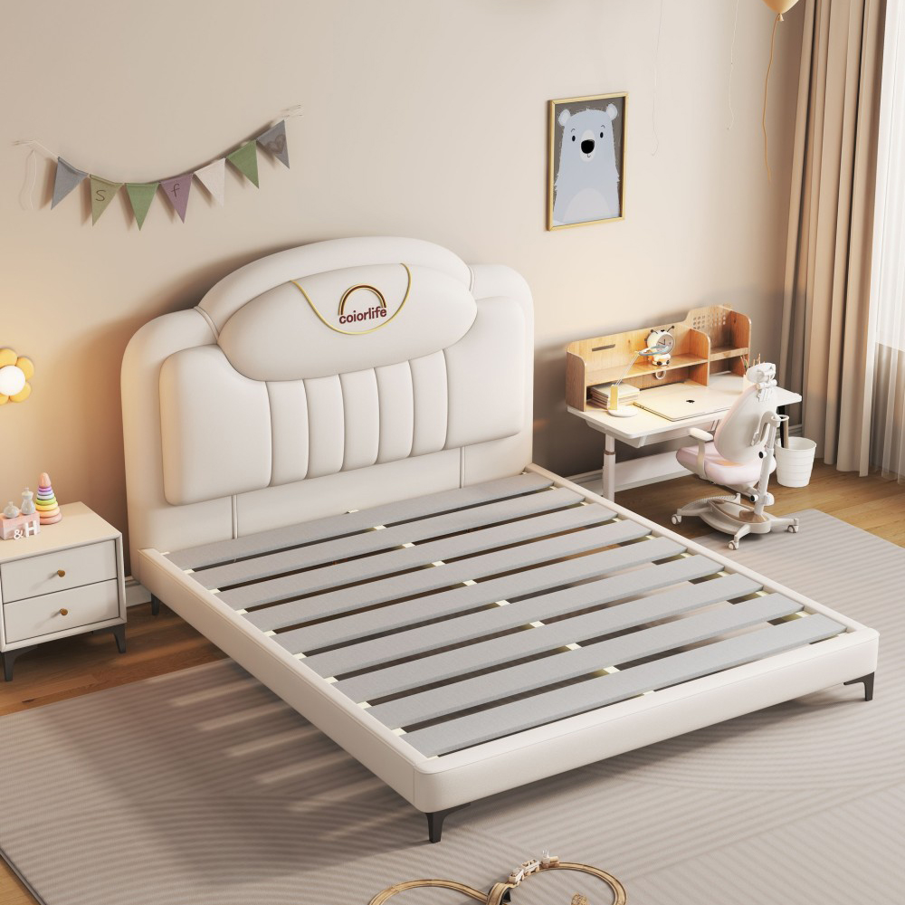 Modern minimalist upholstered leather bed for children (boys/girls)—a 1.5-me...