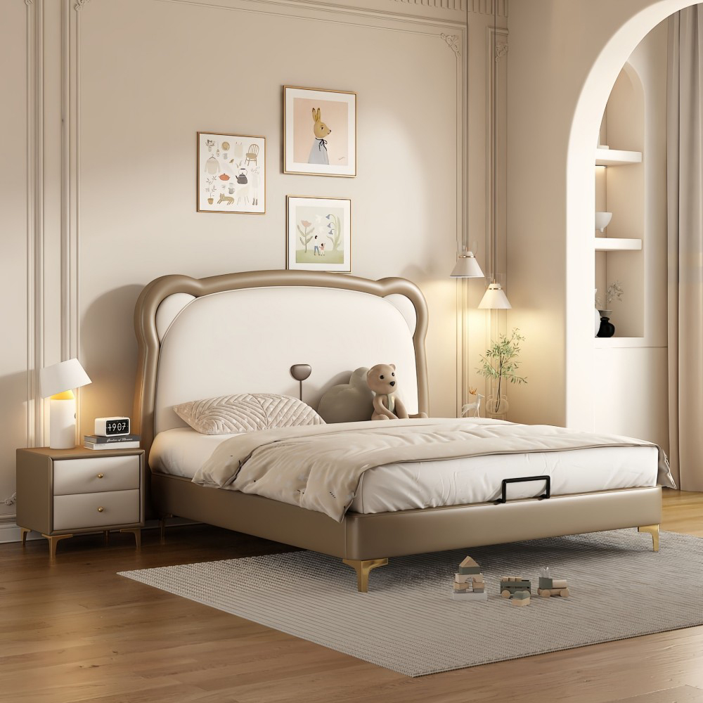 Children’s Bed for Boys – Bear-Themed, Upholstered Solid Wood & Genuin...