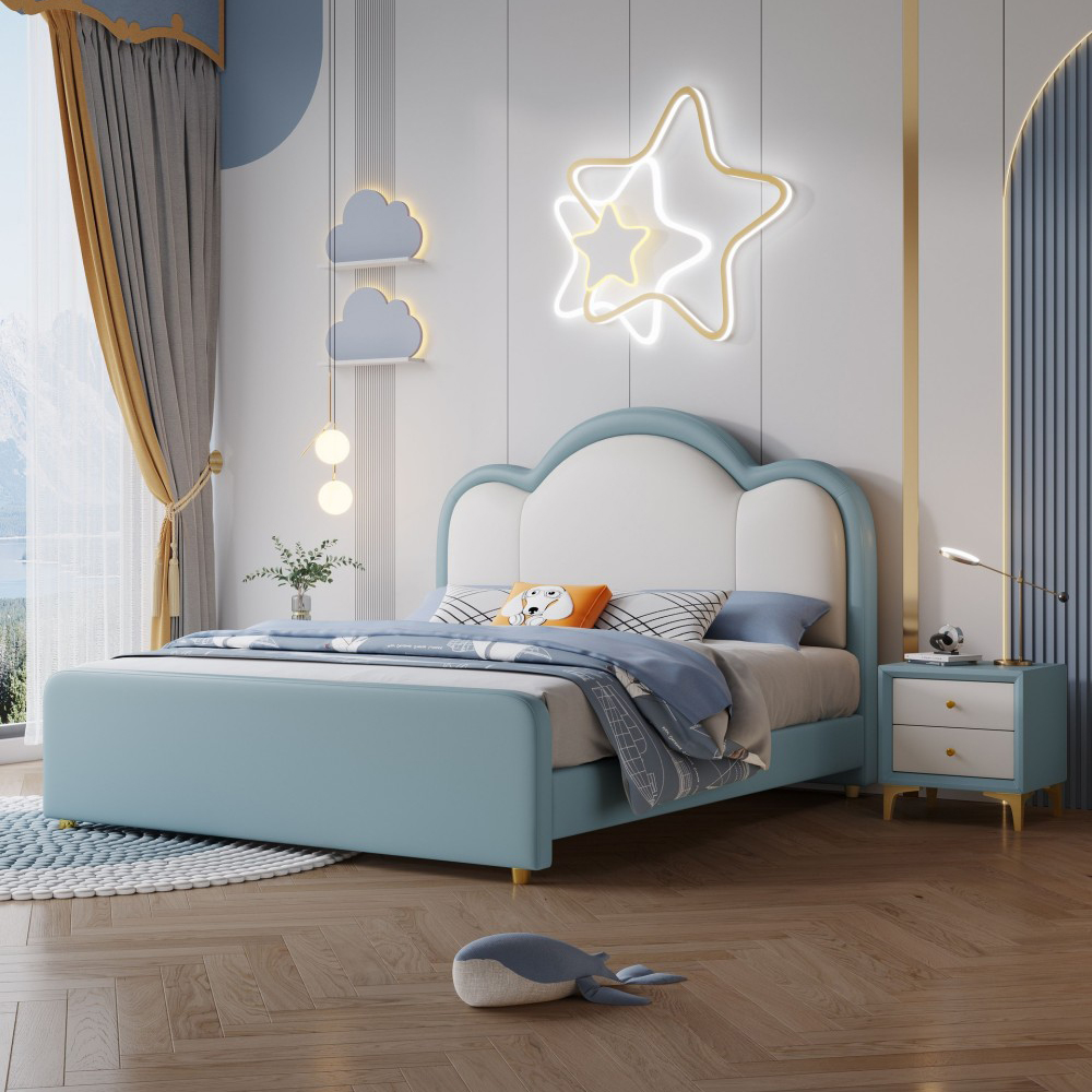 Modern minimalist solid wood princess-style bed for girls, featuring a cloud-shaped upholstered headboard and built-in sto...
