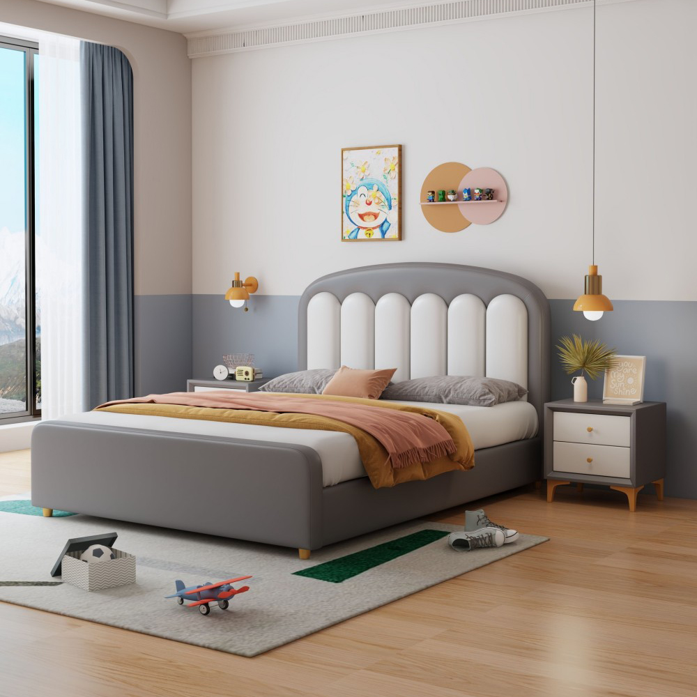 Modern Minimalist Upholstered Bed for Kids – Leather-Finish Bed for Boys and...