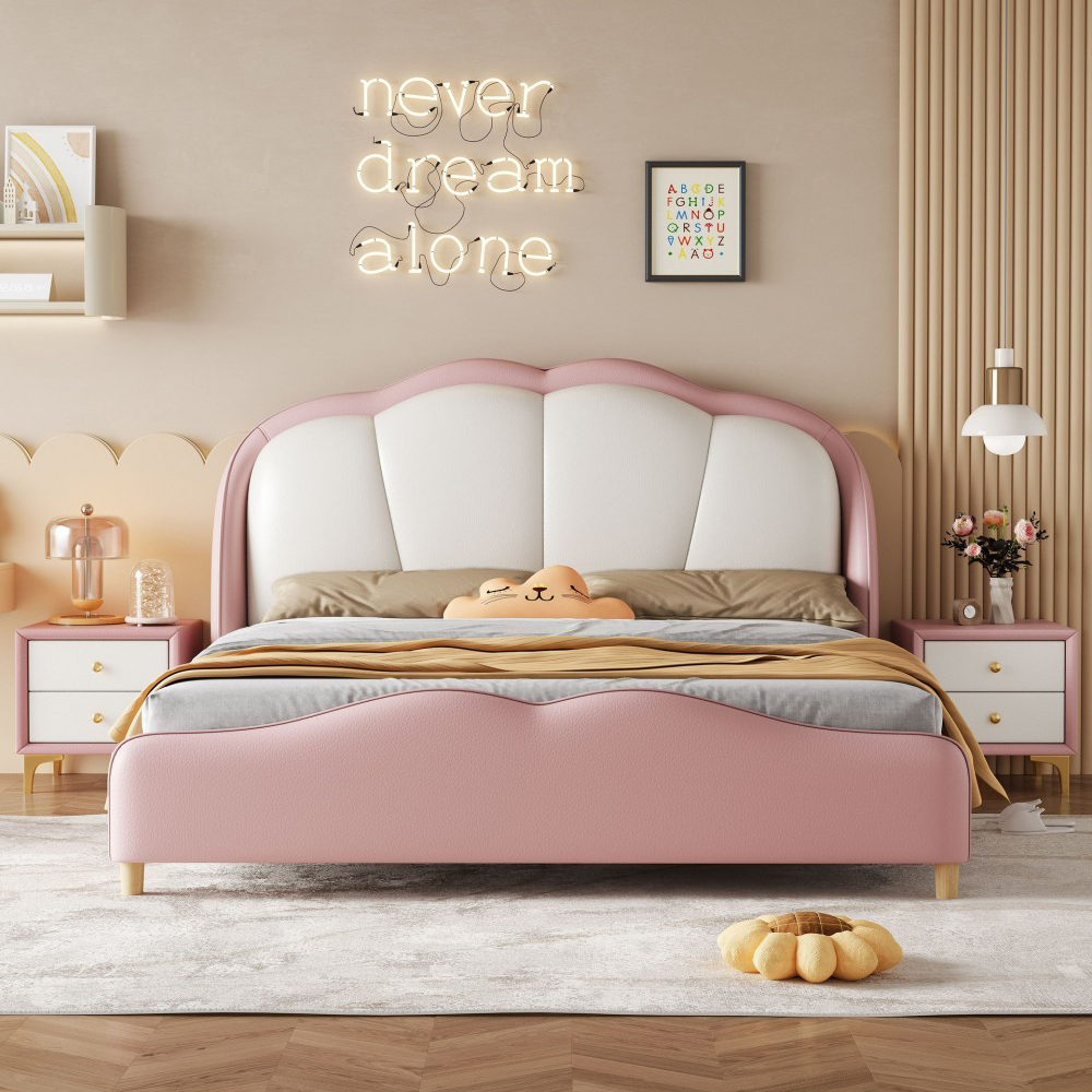 Single bed for children’s bedrooms—a minimalist, modern, “cream-style” petal-shaped princess bed suita...