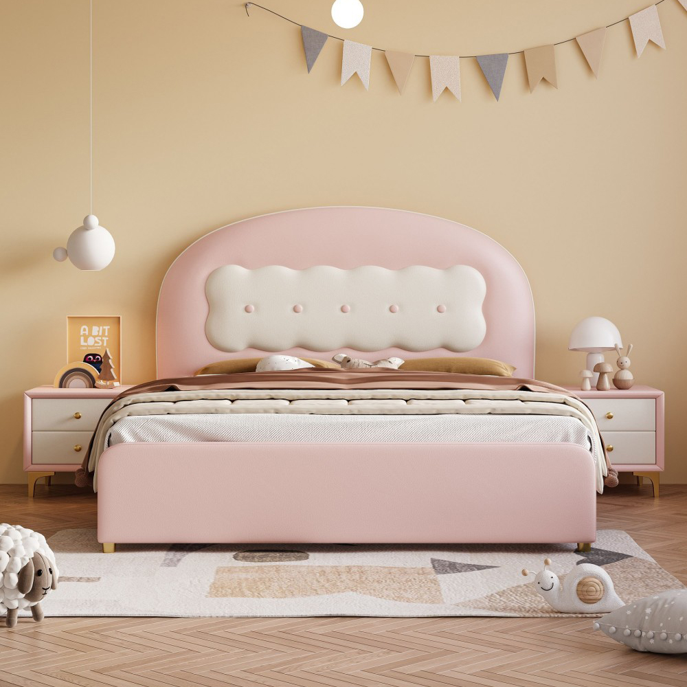 Girls’ Princess-Style Bed – Cream-Colored, Pink Upholstered, Trendy &a...