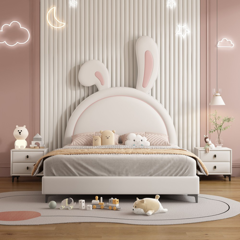 Modern minimalist upholstered princess-style bed for girls, featuring a cute c...